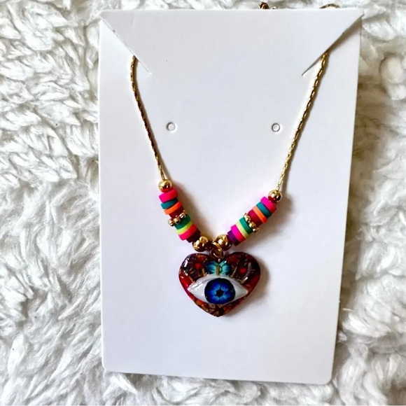 Evil Eye Heart Gold Necklace Colorful Accent - Picture 2 of 7